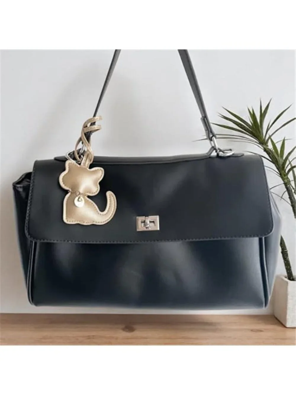 Gold Cat Vegan Leather Bag Charm Rhinestone Purse Keychain Handbag Accessory